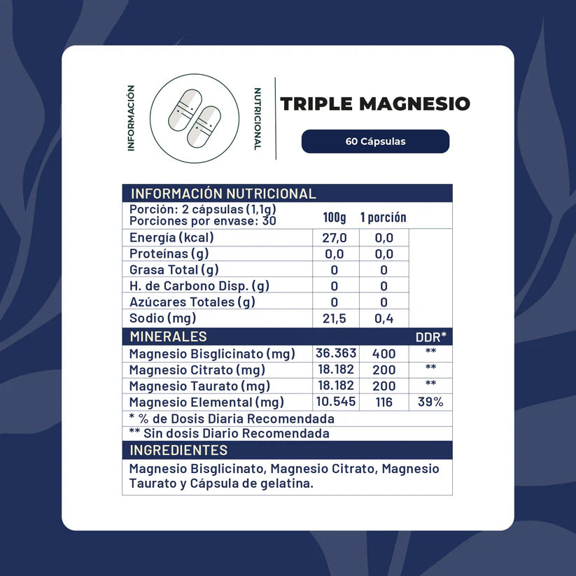 Triple Magnesio 60caps Bisglicinato+Citrato+Taurato